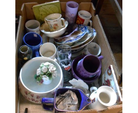 A box containing a quantity of ceramic and other items including Portmeirion Botanic, Victorian tiles, Royal Doulton Bunnykin