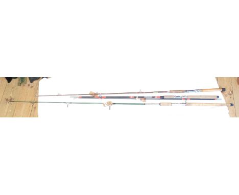 Three vintage fibreglass sea fishing rods, comprising a 5' 9" Tony Gould of Exeter one piece, a 6' 9" Shakespeare 1438 one pi