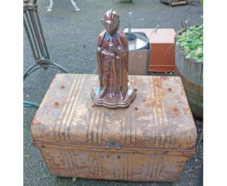 An old tin trunk - for restoration - sold with a vintage lustre enamelled knight form part companion set