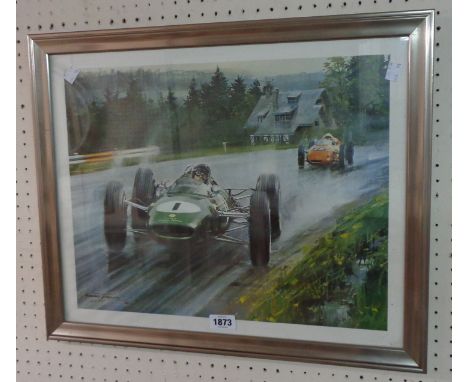 †Michael Turner: a framed coloured print, depicting a vintage racing car scene