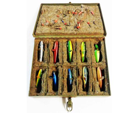 A vintage green painted metal Valve Case containing nine vintage Devon Minnow spinner lures and a selection of wired triple h