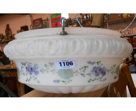An early 20th Century hanging opaque glass ceiling light with hand painted violet decoration
