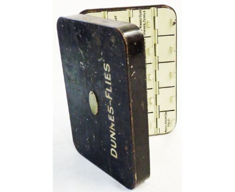 A 5 3/4" vintage Hardy Bros Ltd. japanned metal fly case with 'Dunnes-Flies' to lid and thirty five hinge lidded internal com