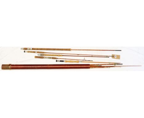 A metal tube containing various vintage split cane rod sections - sold with five split cane butt sections - various condition