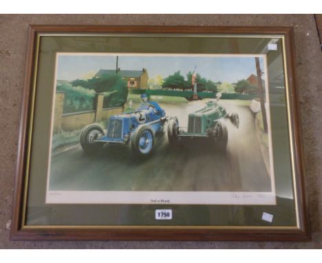 A framed signed limited edition coloured vintage racing car print entitled Duel at Picardy - No.150/200 - sold with Jonas: a 