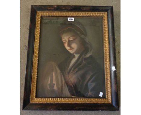 An antique Hogarth framed pastel drawing, depicting a portrait of a lady by candlelight - 48cm X 39cm