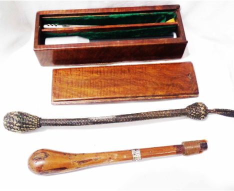 A polished hardwood sliding-top box containing a metal topped fishing priest and water thermometer - sold with two other old 