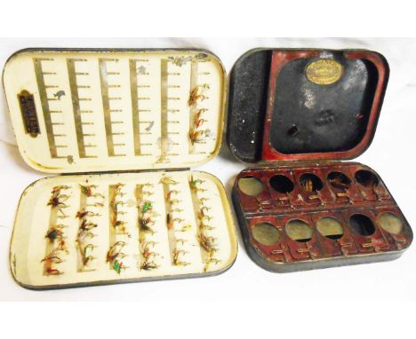 A 6" vintage C. Farlow &amp; Co., Ltd. japanned metal fly case with clip mounted trout fly contents - sold with an Ogden Smit