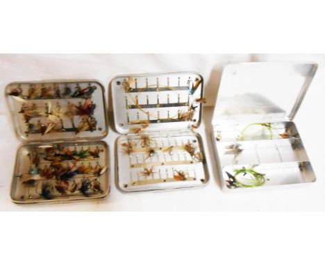 Three small vintage aluminium fly cases with assorted fly contents