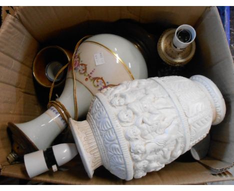 A box containing a quantity of assorted ceramic items including 19th Century Dutch Delft vase a/f, lamps, etc.