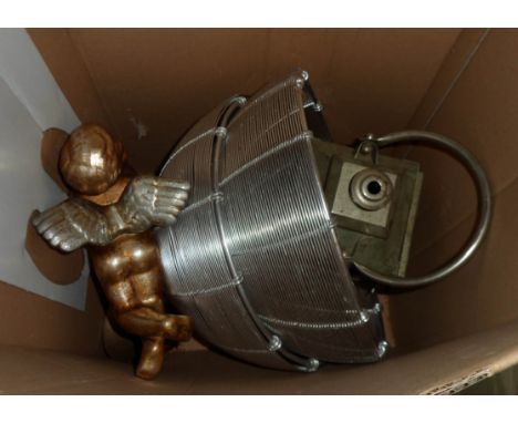 A box containing a quantity of assorted items including wire frame lamp shades, decorative cherub figurine, hanging candle la