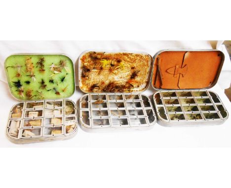 Two 6" vintage Wheatley 'Silmalloy' fly cases with internal glazed and sprung lidded compartments containing assorted trout f