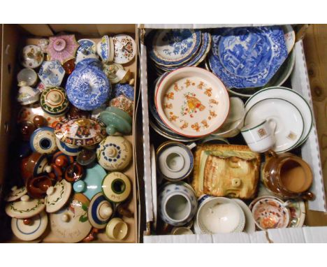 Two boxes of ceramic items including collection of lids, Masons Ironstone, etc.