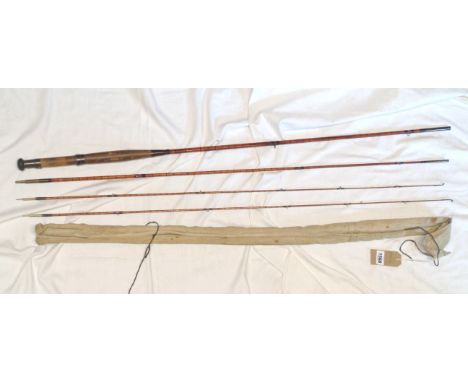 An 11' vintage three section bound split cane fly fishing rod with spare top section - in non fitting canvas bag