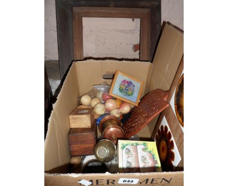 A box containing a quantity of collectable items including wooden boxes, vintage tile set chopping board, snooker balls, etc.