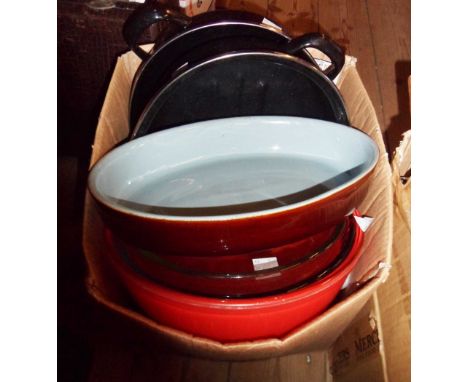 A box containing a quantity of assorted items comprising large modern enamel roasting tin, a vintage Kenwood mixing bowl, a D