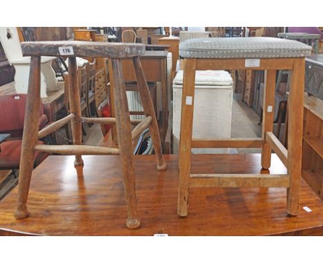 An old stool with solid elm seat and turned supports - sold with a vintage kitchen stool