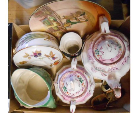 A box containing a quantity of ceramic items including Beswick character jug, Royal Worcester Evesham, Victorian pink lustre 