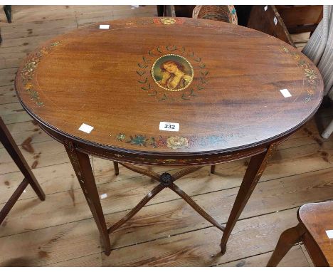 A 68cm Edwardian Sheraton revival mahogany oval topped occasional table with painted portrait and floral border decoration, s