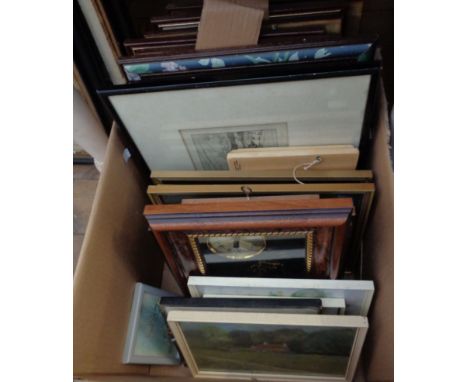 A selection of framed decorative prints including vintage motor vehicles, also an Osbourne 'Ivorex' plaque and a golfing inte