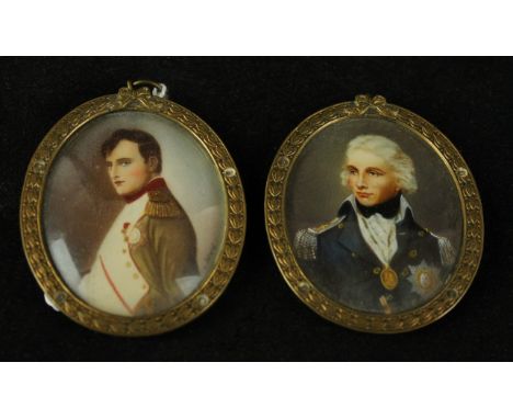 A pair of oval portrait miniatures
In the 19th Century style, depicting Napoleon and Nelson, each inset within gilt oval fram