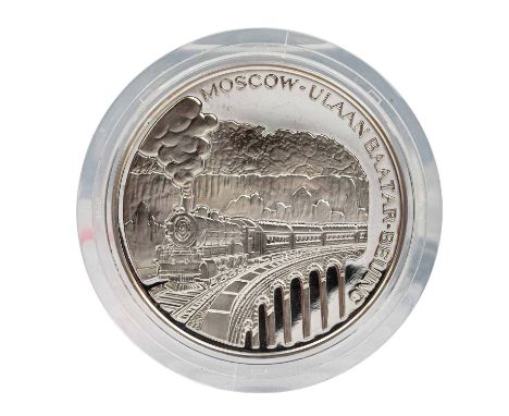Mongolei /SILBER - 2500 Tugrik, 5 Unzen 1995 Transsibirische Eisenbahn, Moscow-Ulaan Baatar-Beijing PP, in Drehkapsel, 155.50