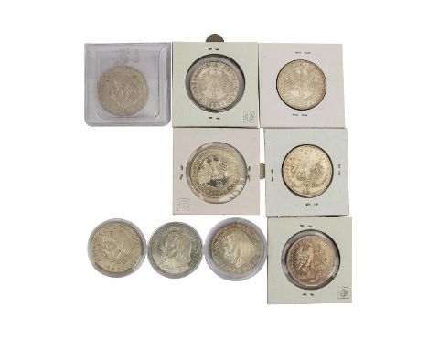 davon 2 x 5 DM Schiller 1955 F, 3 x 5 DM Markgrafen von Baden 1955 G sowie 4 x 5 DM Fichte 1964 J, unterschiedlich erhalten. 