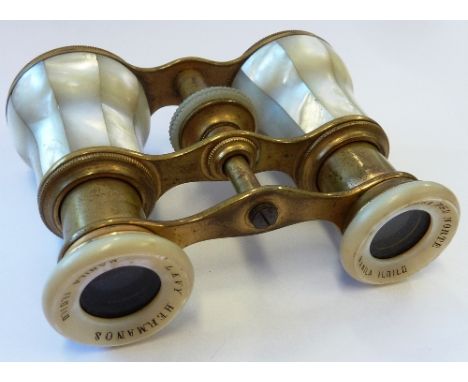 A pair of gilt metal and mother of pearl  mounted Opera Glasses, mark of Levy Hermanos, Manila 