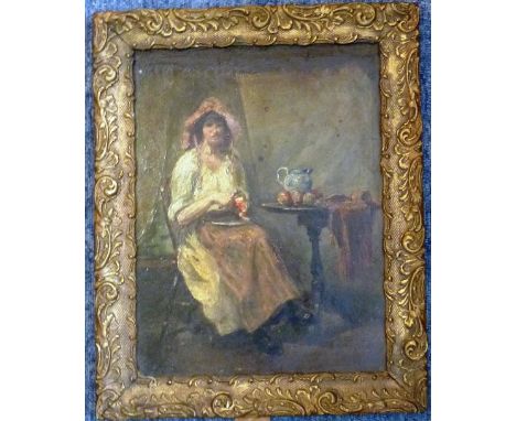 A 19th Century gilt framed Oil on Board Study of a lady seated, wearing a bonnet and peeling apples before a Georgian tripod 