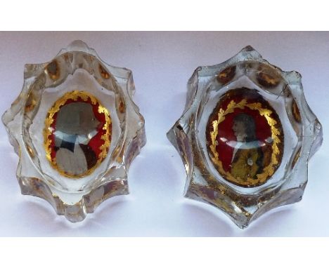 A pair of George III period glass Salts, each with a reverse glass miniature portrait (damage)
