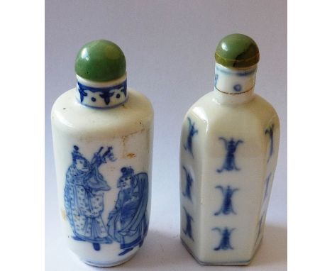 A 19th century Chinese porcelain Snuff Bottle of hexagonal form (broken neck and re-glued) together with one other Chinese ci