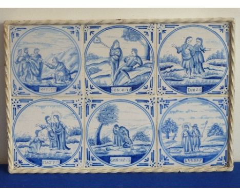 A selection of six 18th century blue-and-white Tiles detailing various Gospels, within a custom made wrought iron, white pain