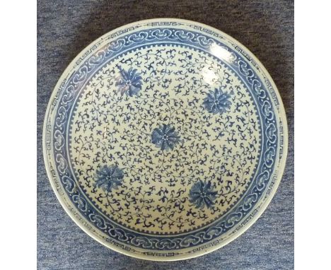 A large 19th century Chinese porcelain circular Charger hand-decorated in underglaze blue with a Ruyi head band border encomp