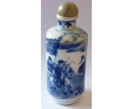 An early-19th Century Chinese porcelain Snuff Bottle, the body delicately painted in cobalt blue with a scene of hunting, one