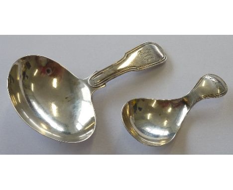 A fiddle-and-thread pattern silver Caddy Spoon, makers mark WT, assayed London 1825, together with one other smaller example 