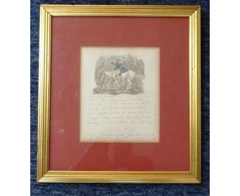 A gilt framed and glazed (later) annotated Sketch figure on horseback "Nimrod's Hunting Town", 14.5cm x 12.5cm 