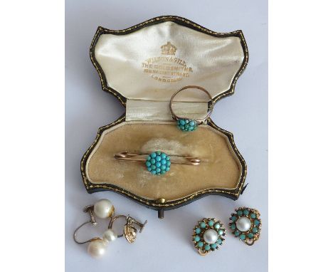 An early 20th century cased yellow metal Stick Pin set with cabouchon turquoise stones together with a similar 9-carat rose g