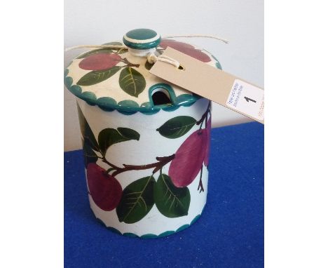 A Wemyss Preserve Jar and Lid with typical fruit painting, signed Wemyss to base by Nekola    CONDITION REPORT:  There are gl