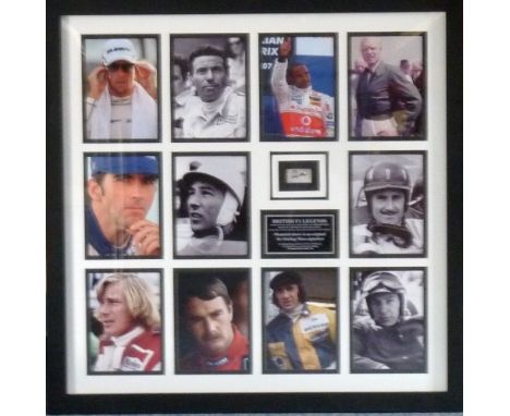 An unusual box framed and glazed British Formula One Legends Montage (including an original Sir Stirling Moss signature) to i