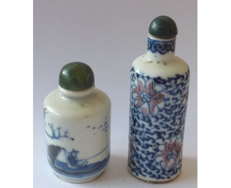 A 19th century, Chinese porcelain, cylindrical Snuff Bottle, scrolling lotus-style decoration, small green hardstone stopper 