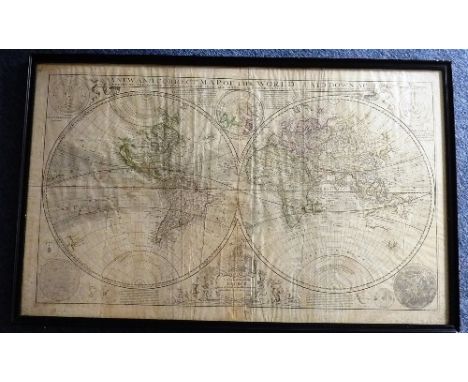 A large ebonised framed and glazed Queen Ann period (dated 1709) hand coloured Map Engraving "A New and Correct Map of The Wo