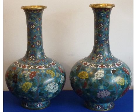 A large and fine pair of Qianlong style (probably 19th century) Chinese cloisonné Bottle Vases, gilded interiors and the outs