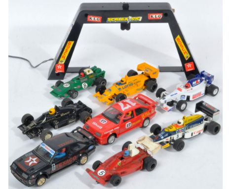 A collection of x8 assorted vintage Hornby Scalextric slot racing cars and an Overhead Illuminating Starting Light. Cars to i