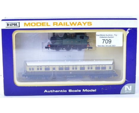 An original boxed Dapol made N gauge model railway trainset locomotive engine No. ND-808 Set 3. The set being a Class 14XX tw