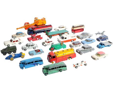 A large collection of approximately x26 assorted vintage Dinky Toys and Corgi Toys diecast model cars, trucks and other vehic