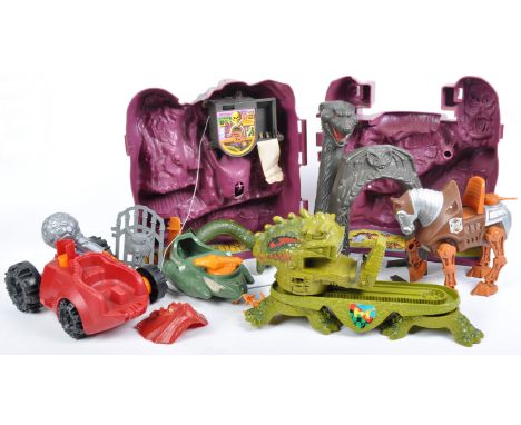 A collection of x3 original vintage 1980's Mattel made Masters Of The Universe MOTU playset parts comprising Snake Mountain, 