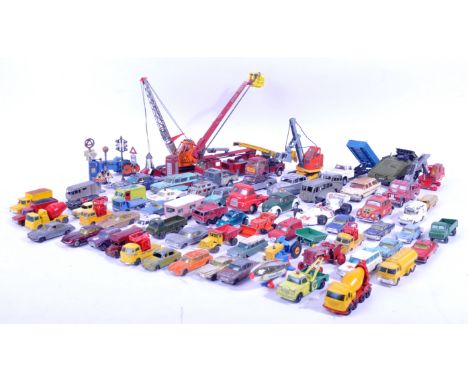 A large collection of assorted vintage diecast model cars, trucks and other vehicles by makers Dinky Toys, Corgi Toys, Lesney