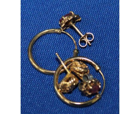 THREE PAIRS OF GOLD EARRINGS
comprising of a ruby pair, a knot design pair, and a pair of hoops