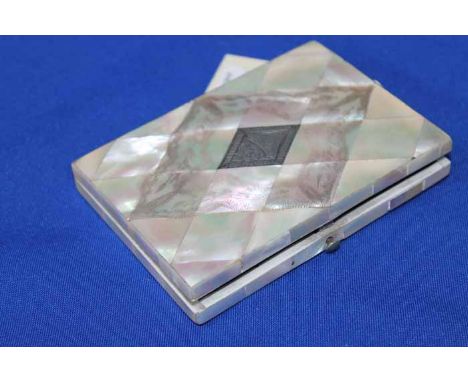 MOTHER OF PEARL AND IVORY CARD CASE 
with rhombic panels of mother of pearl and with a central engraved silver panel, 10.5cm 