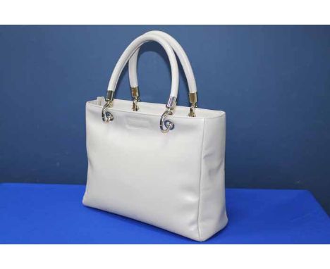 RUSSELL & BROMLEY HANDBAG WITH MATCHING SHOES
the beige leather bag with mesh effect panel, 30cm wide; the shoes size 37.5, w